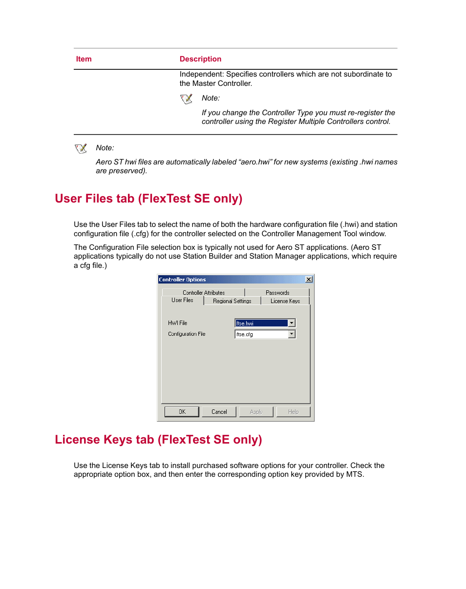 User files tab (flextest se only), License keys tab (flextest se only) | MTS Series 793 Utility Software User Manual | Page 110 / 124