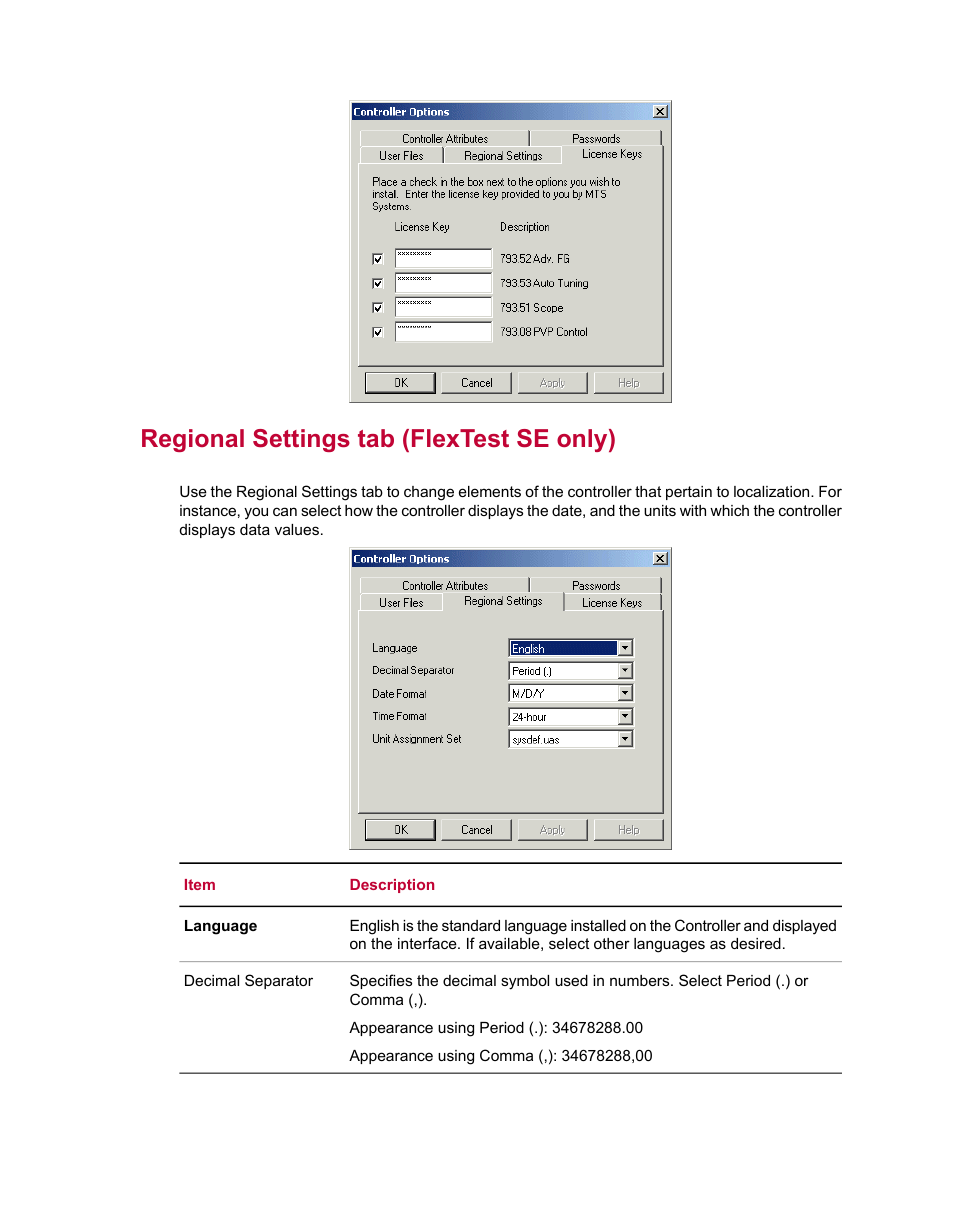 Regional settings tab (flextest se only) | MTS Series 793 Utility Software User Manual | Page 111 / 124