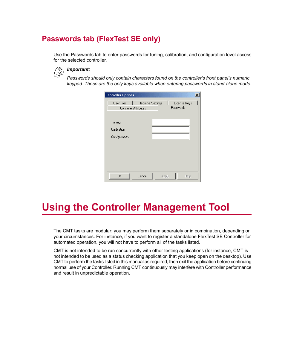 Passwords tab (flextest se only), Using the controller management tool | MTS Series 793 Utility Software User Manual | Page 113 / 124