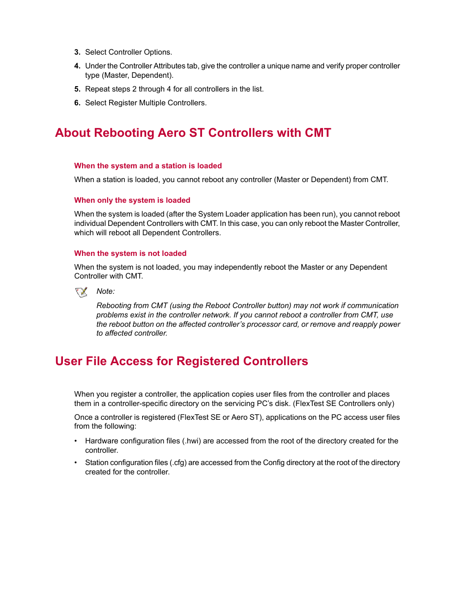 About rebooting aero st controllers with cmt, User file access for registered controllers | MTS Series 793 Utility Software User Manual | Page 118 / 124
