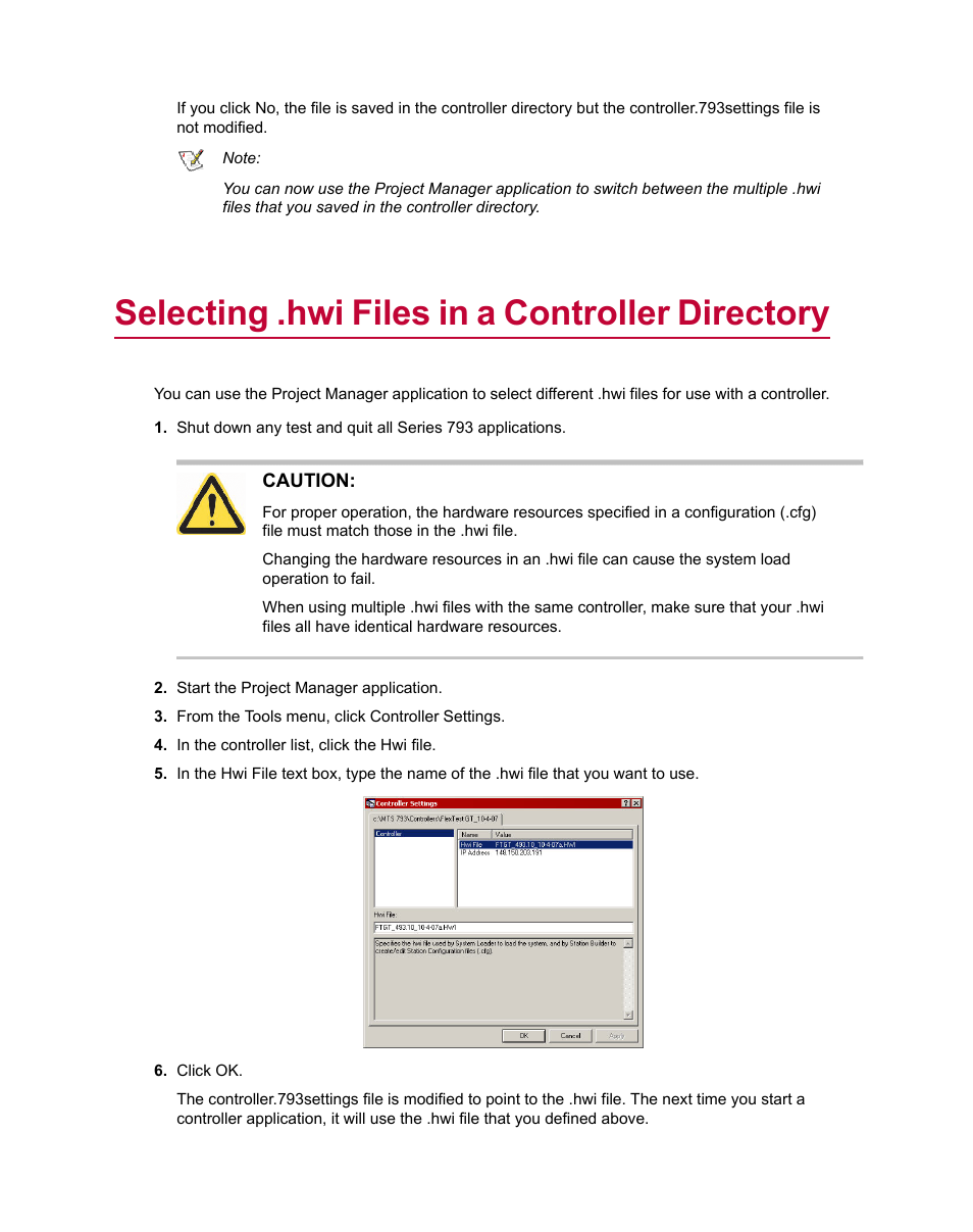 Selecting .hwi files in a controller directory | MTS Series 793 Utility Software User Manual | Page 22 / 124