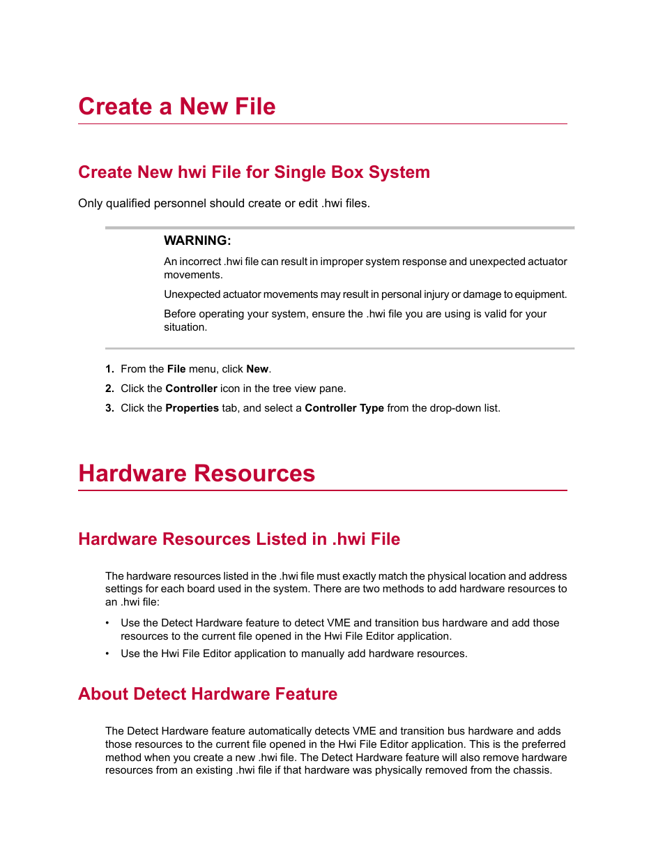 Create a new file, Create new hwi file for single box system, Hardware resources | Hardware resources listed in .hwi file, About detect hardware feature | MTS Series 793 Utility Software User Manual | Page 24 / 124