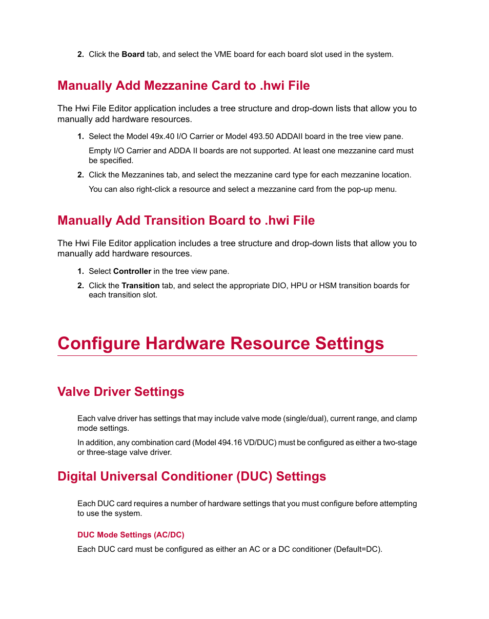 Manually add mezzanine card to .hwi file, Manually add transition board to .hwi file, Configure hardware resource settings | Valve driver settings, Digital universal conditioner (duc) settings | MTS Series 793 Utility Software User Manual | Page 26 / 124