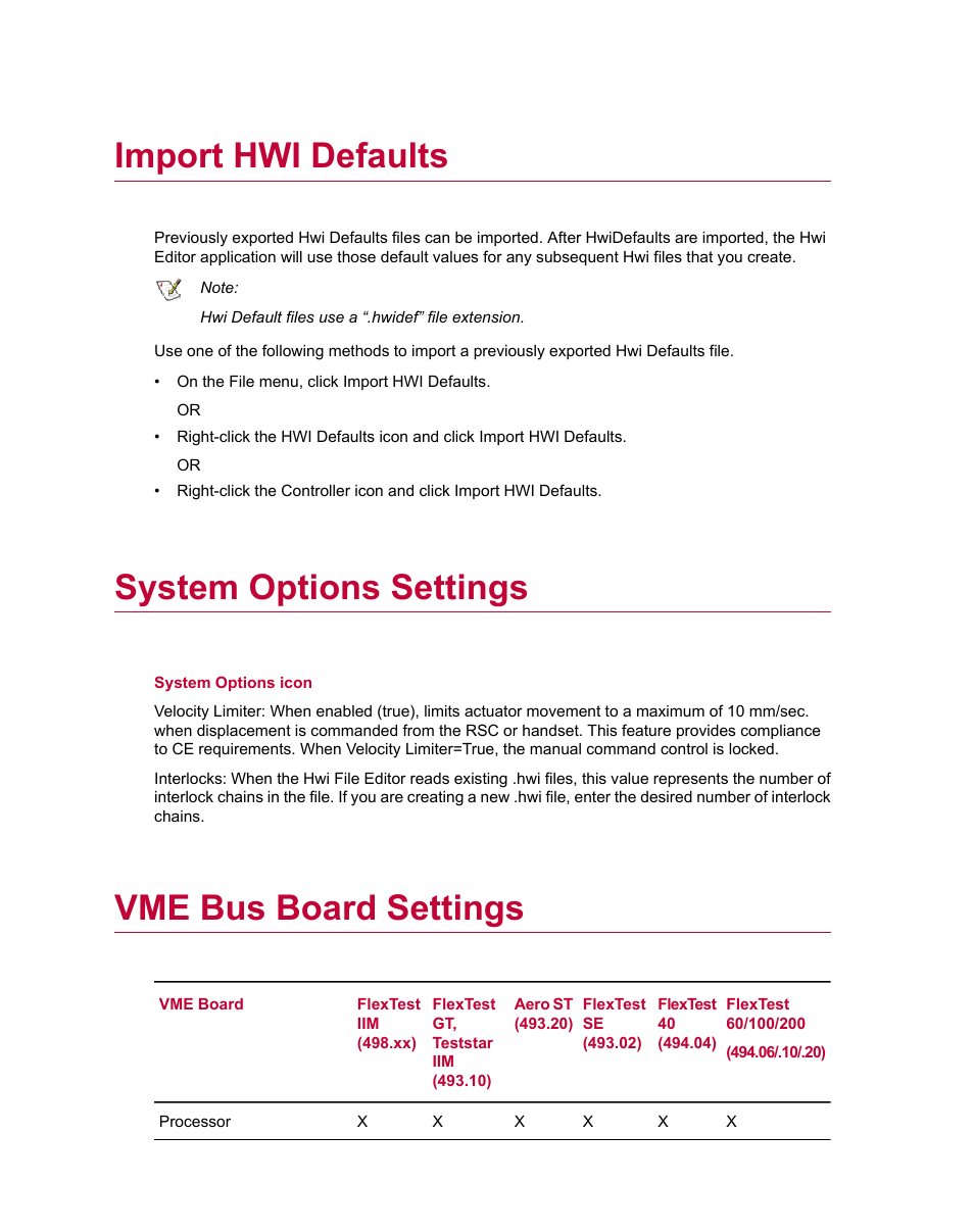Import hwi defaults, System options settings, Vme bus board settings | MTS Series 793 Utility Software User Manual | Page 38 / 124