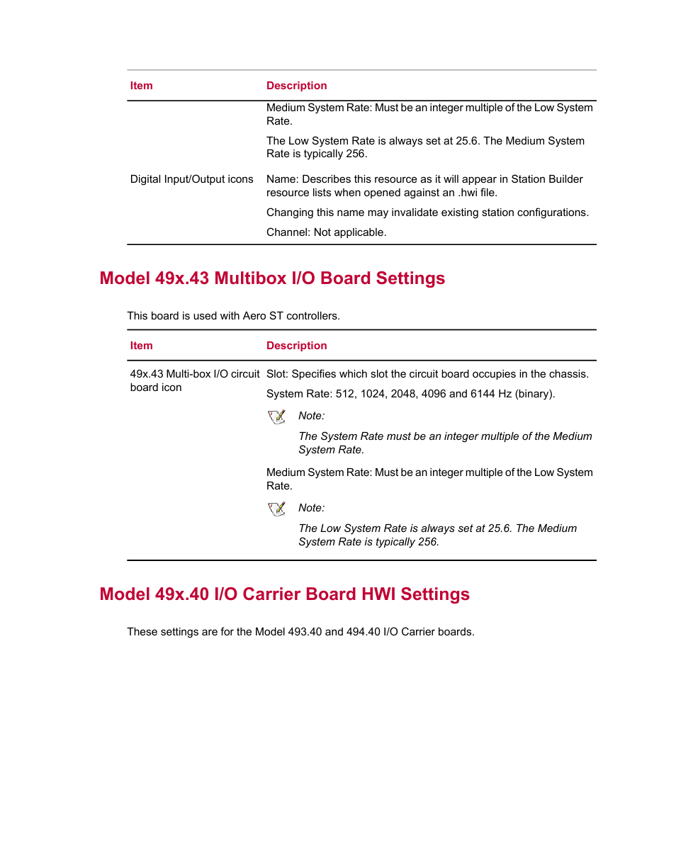 Model 49x.43 multibox i/o board settings, Model 49x.40 i/o carrier board hwi settings | MTS Series 793 Utility Software User Manual | Page 45 / 124