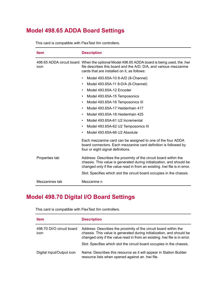Model 498.65 adda board settings, Model 498.70 digital i/o board settings | MTS Series 793 Utility Software User Manual | Page 58 / 124