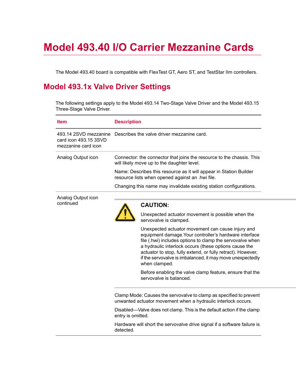 Model 493.40 i/o carrier mezzanine cards, Model 493.1x valve driver settings | MTS Series 793 Utility Software User Manual | Page 61 / 124