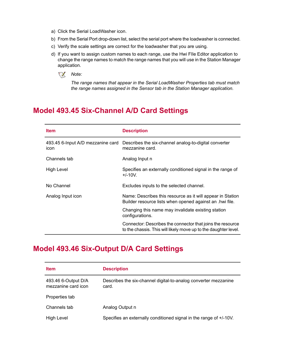 Model 493.45 six-channel a/d card settings, Model 493.46 six-output d/a card settings | MTS Series 793 Utility Software User Manual | Page 64 / 124