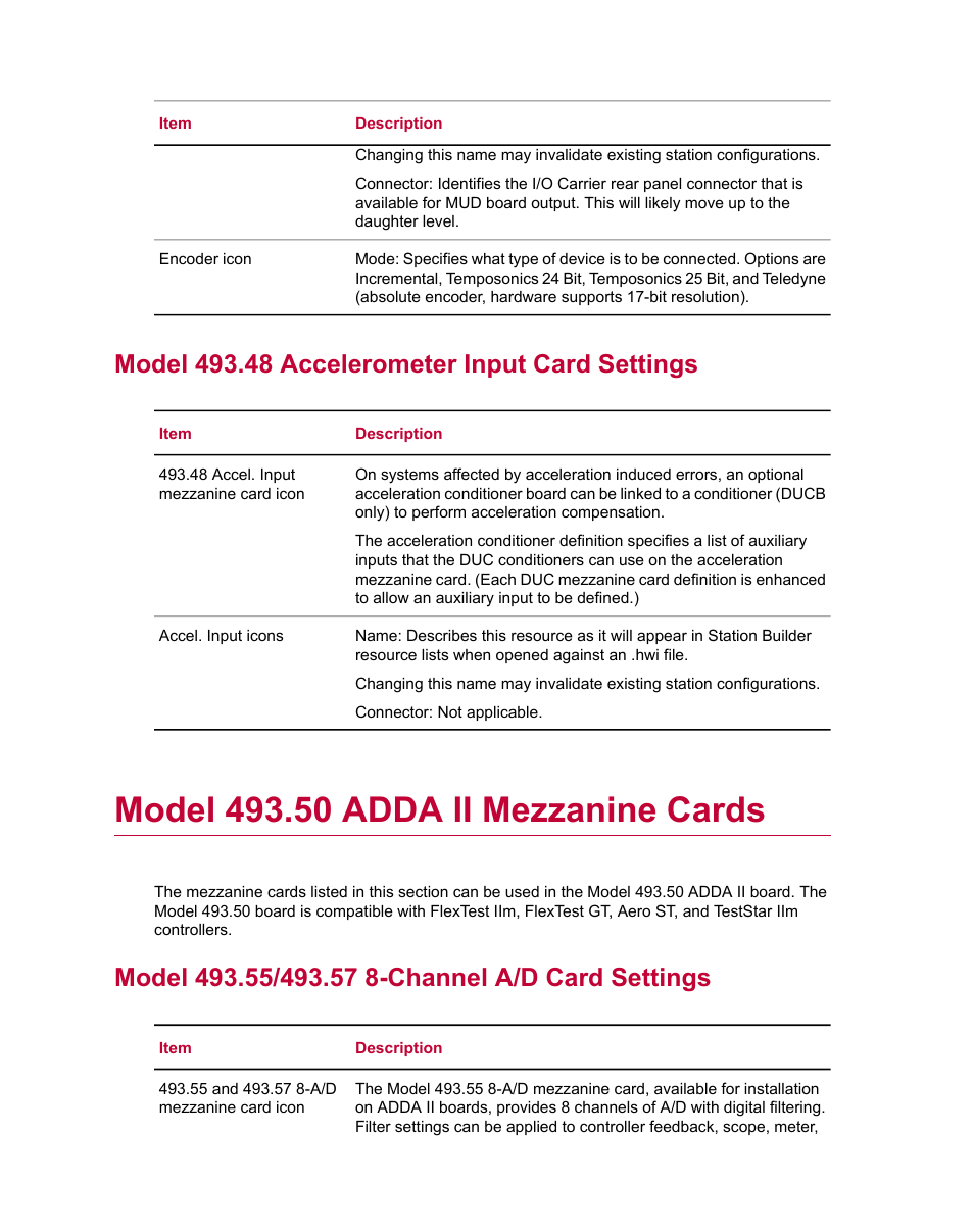 Model 493.48 accelerometer input card settings, Model 493.50 adda ii mezzanine cards, Model 493.55/493.57 8-channel a/d card settings | MTS Series 793 Utility Software User Manual | Page 66 / 124