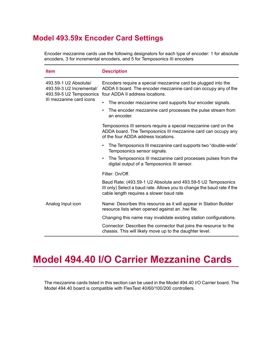 Model 493.59x encoder card settings, Model 494.40 i/o carrier mezzanine cards | MTS Series 793 Utility Software User Manual | Page 68 / 124