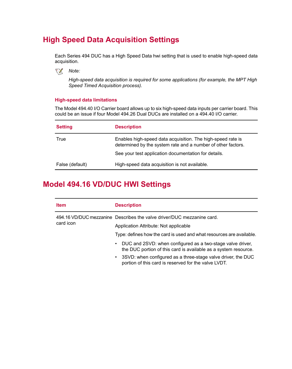 High speed data acquisition settings, Model 494.16 vd/duc hwi settings | MTS Series 793 Utility Software User Manual | Page 69 / 124
