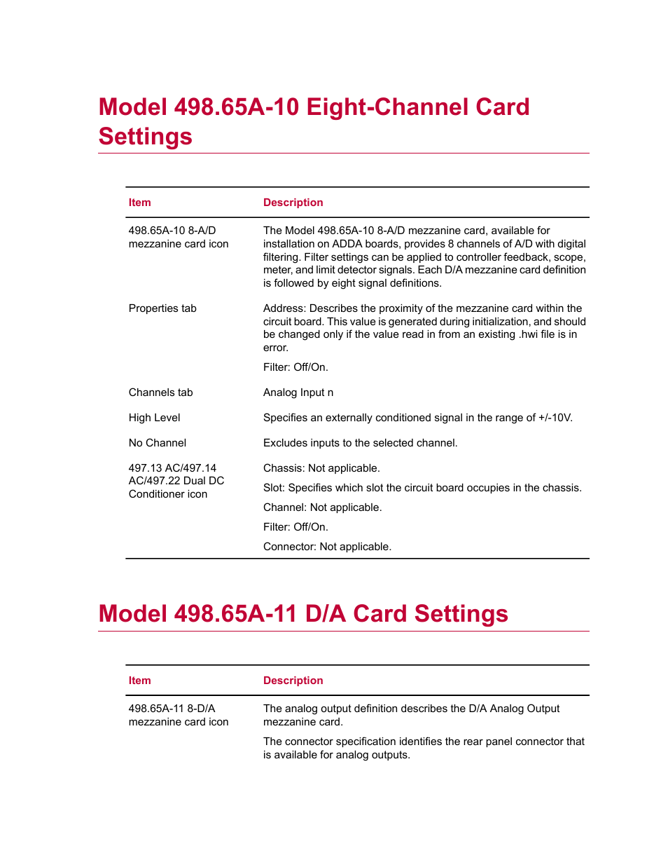 Model 498.65a-10 eight-channel card settings, Model 498.65a-11 d/a card settings | MTS Series 793 Utility Software User Manual | Page 85 / 124