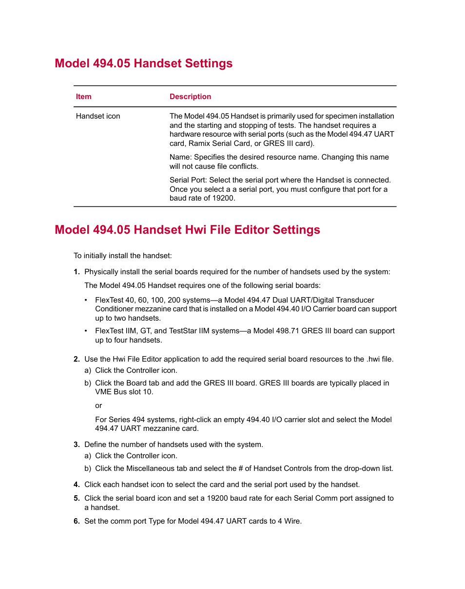 Model 494.05 handset settings, Model 494.05 handset hwi file editor settings | MTS Series 793 Utility Software User Manual | Page 96 / 124