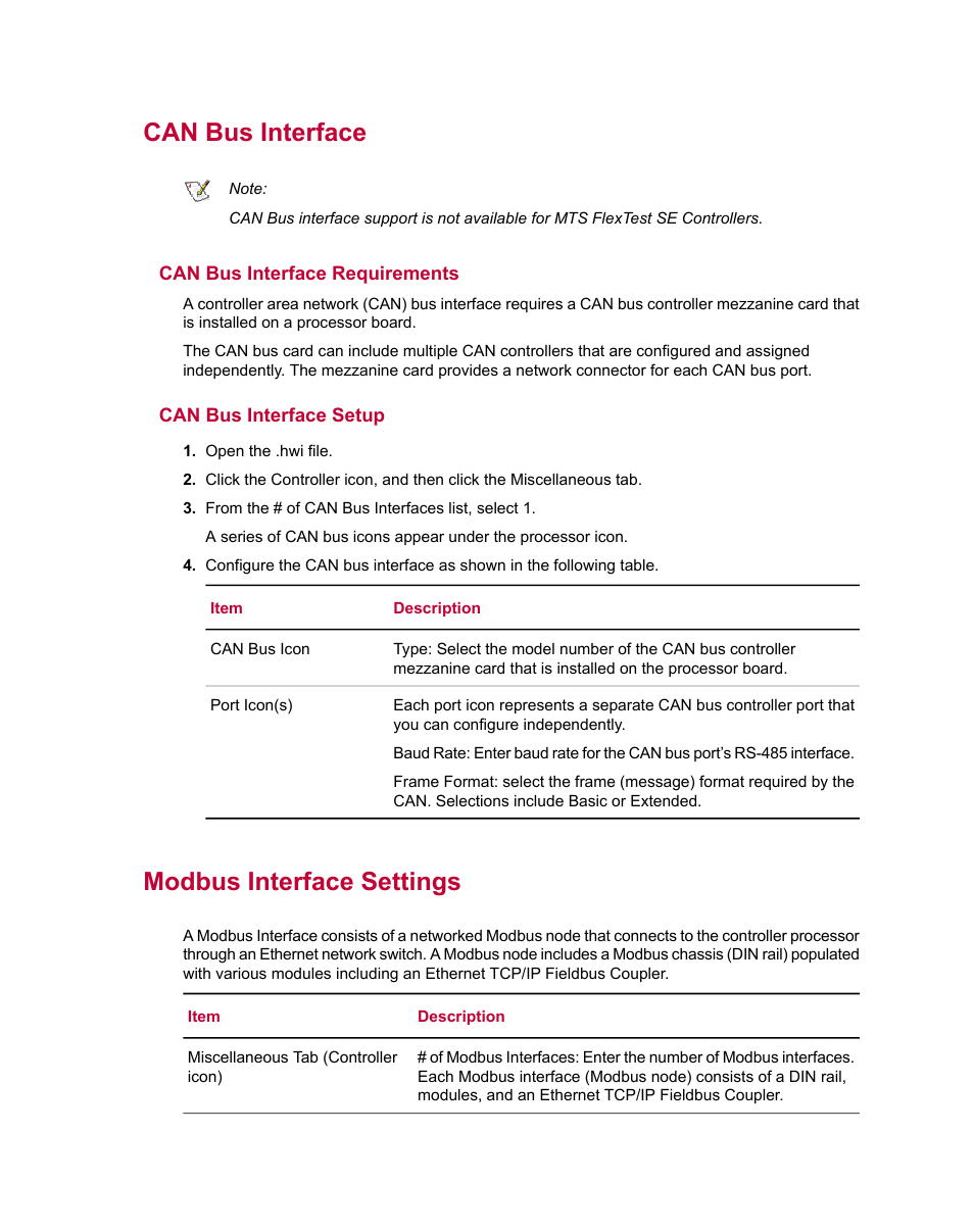 Can bus interface, Can bus interface requirements, Can bus interface setup | Modbus interface settings | MTS Series 793 Utility Software User Manual | Page 97 / 124