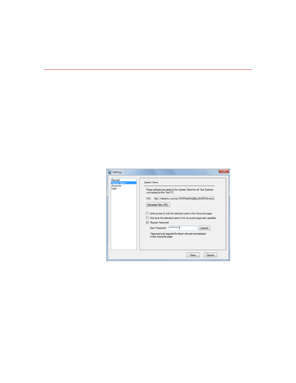 Set user access permissions, Unique urls, Password protect system views | Set user access permissions 33, Unique urls 33, Password protect system views 33 | MTS Echo Software User Manual | Page 33 / 42