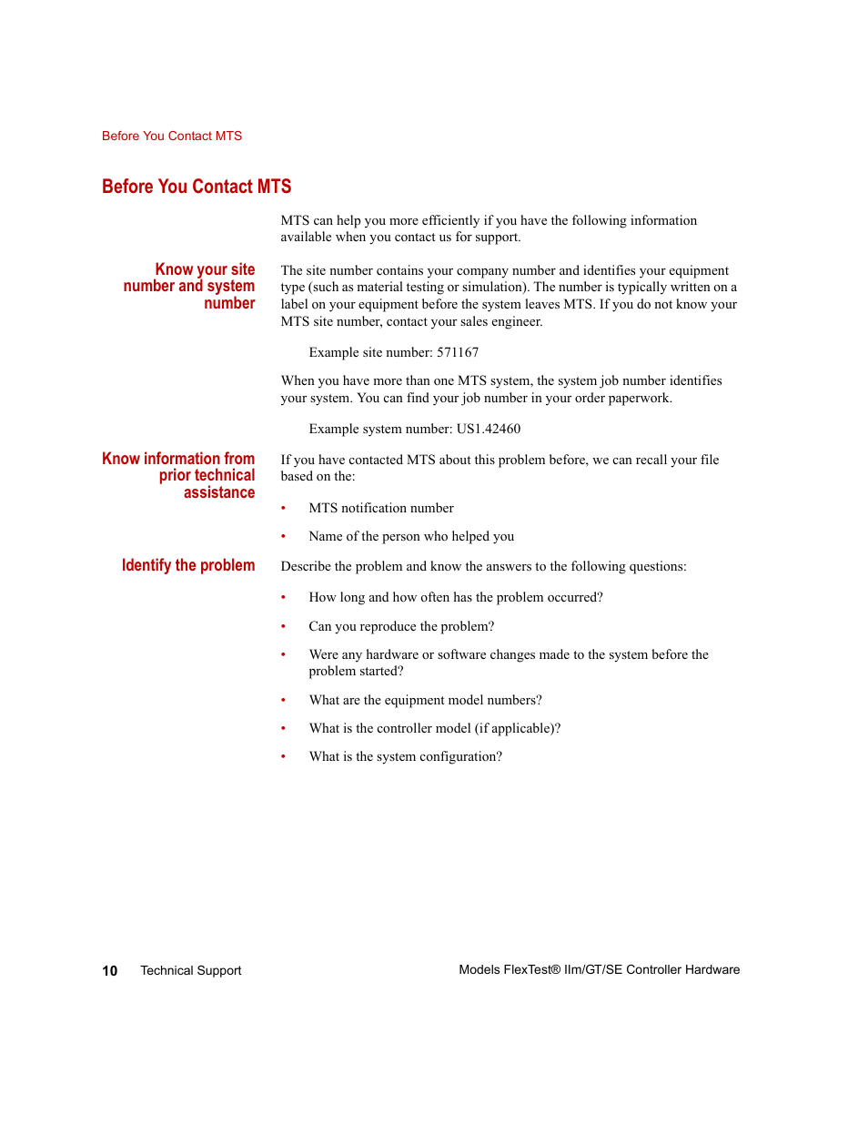 Before you contact mts, Before you contact mts 10 | MTS Model FlexTest SE User Manual | Page 10 / 264