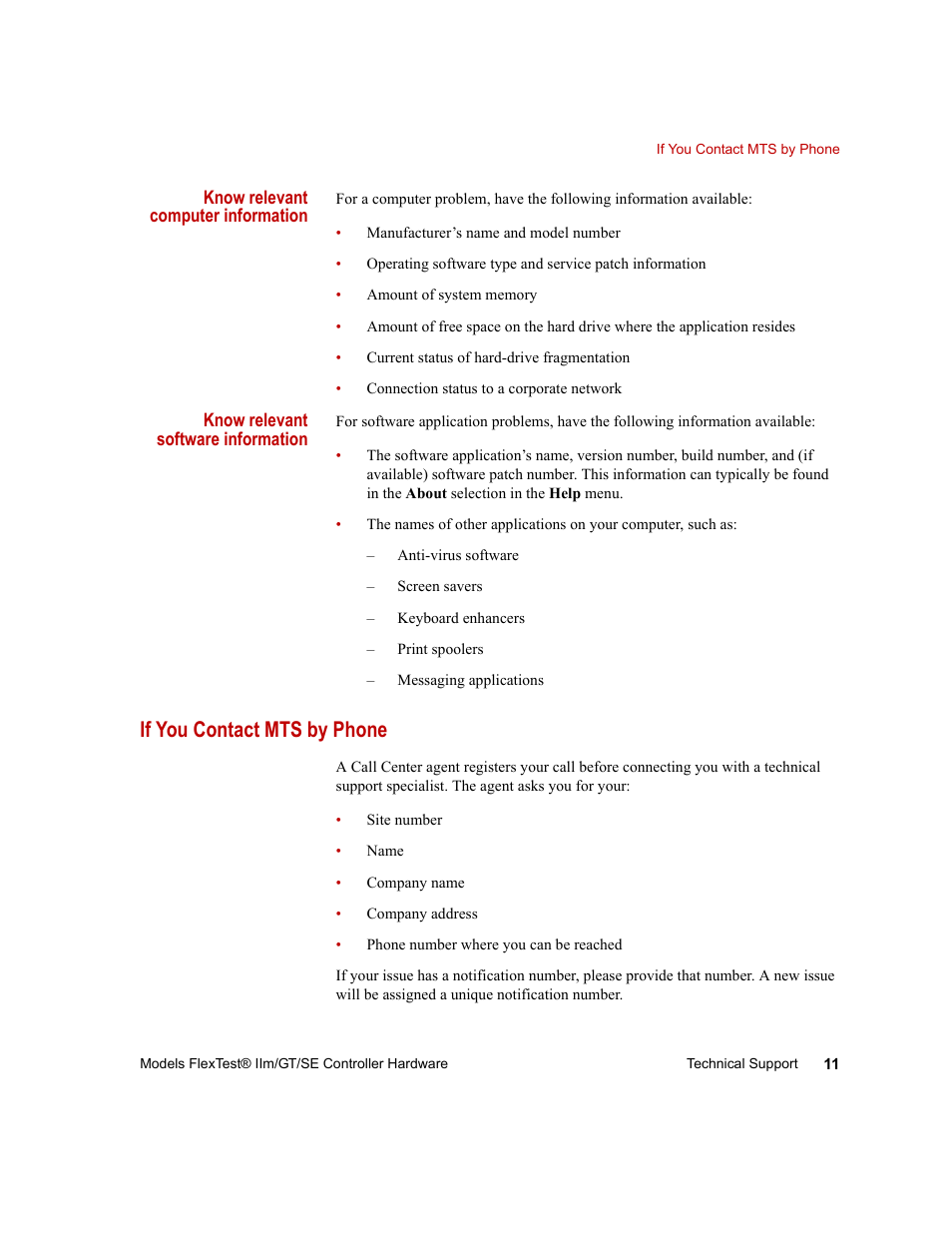 If you contact mts by phone, If you contact mts by phone 11 | MTS Model FlexTest SE User Manual | Page 11 / 264