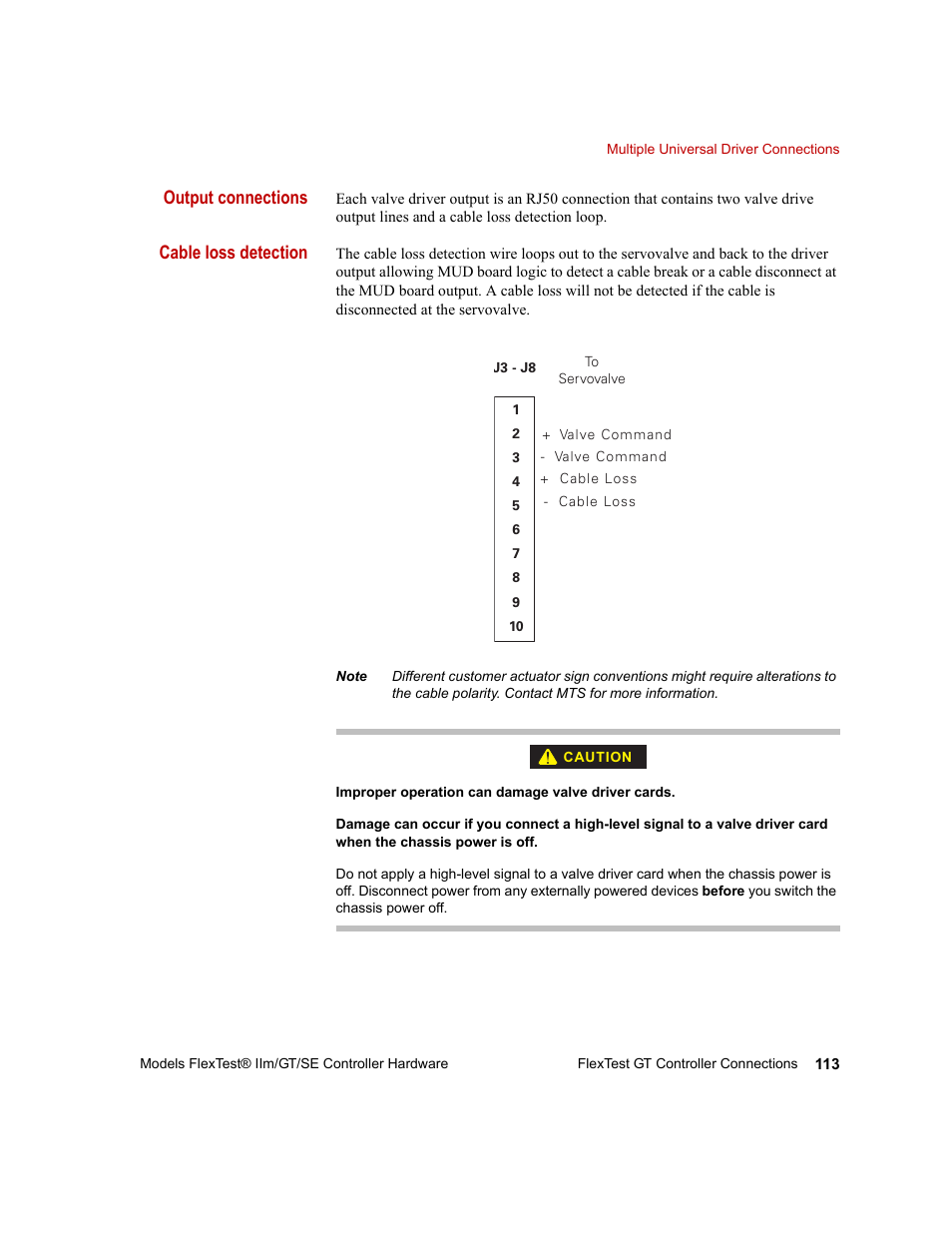 Output connections, Cable loss detection | MTS Model FlexTest SE User Manual | Page 113 / 264