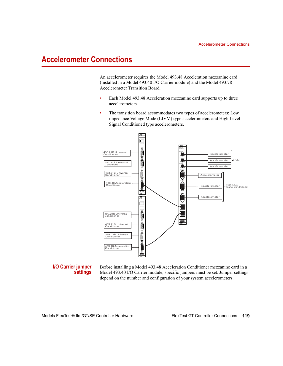 Accelerometer connections, Accelerometer connections 119, I/o carrier jumper settings | MTS Model FlexTest SE User Manual | Page 119 / 264