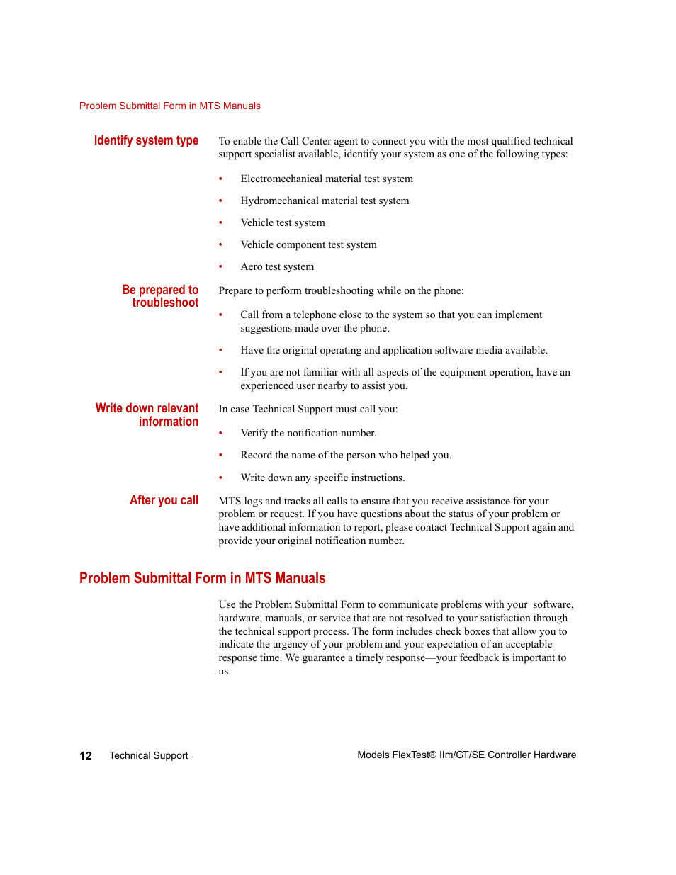 Problem submittal form in mts manuals, Problem submittal form in mts manuals 12 | MTS Model FlexTest SE User Manual | Page 12 / 264