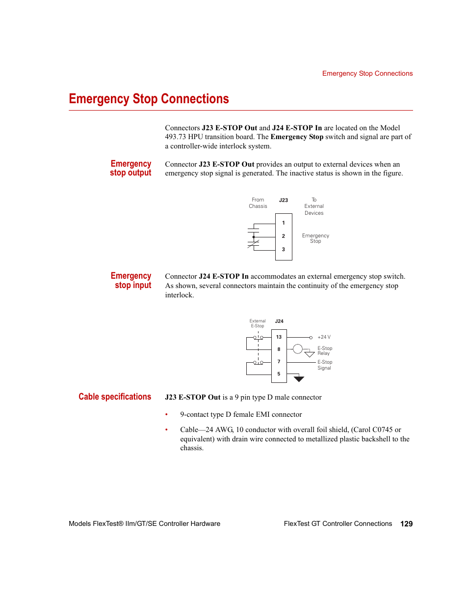 Emergency stop connections, Emergency stop connections 129, Emergency stop output | Emergency stop input, Cable specifications | MTS Model FlexTest SE User Manual | Page 129 / 264