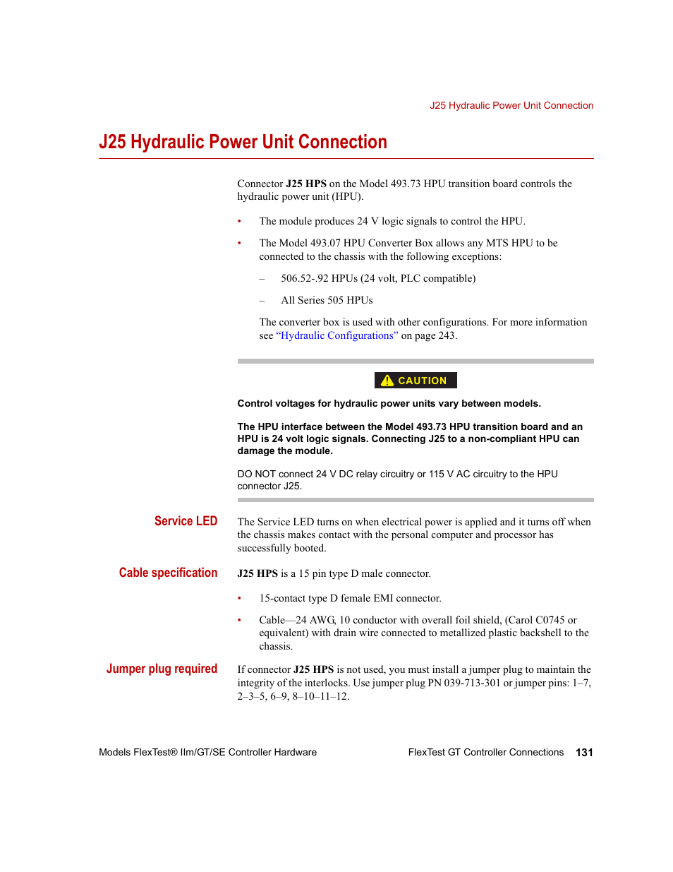 J25 hydraulic power unit connection, J25 hydraulic power unit connection 131 | MTS Model FlexTest SE User Manual | Page 131 / 264