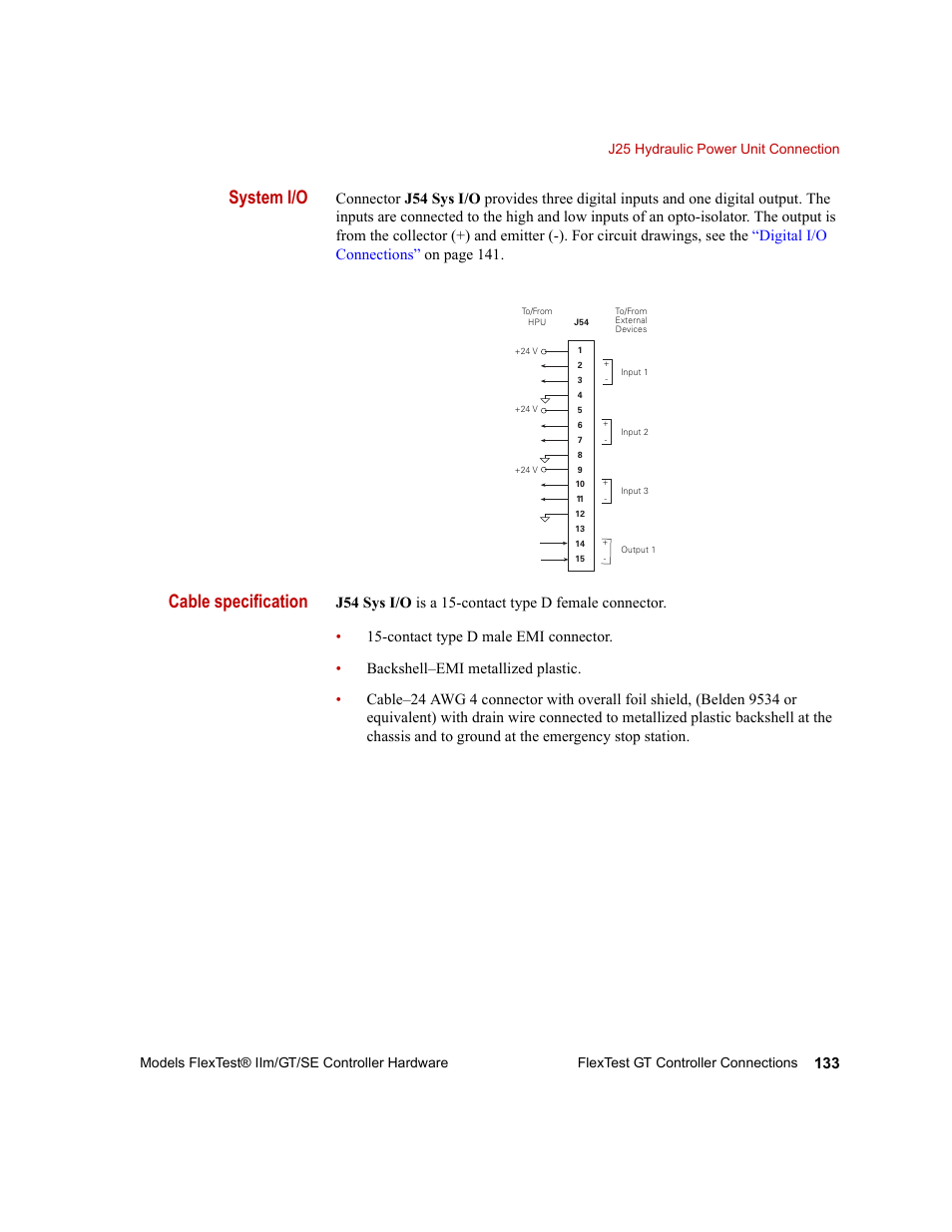 System i/o, Cable specification | MTS Model FlexTest SE User Manual | Page 133 / 264