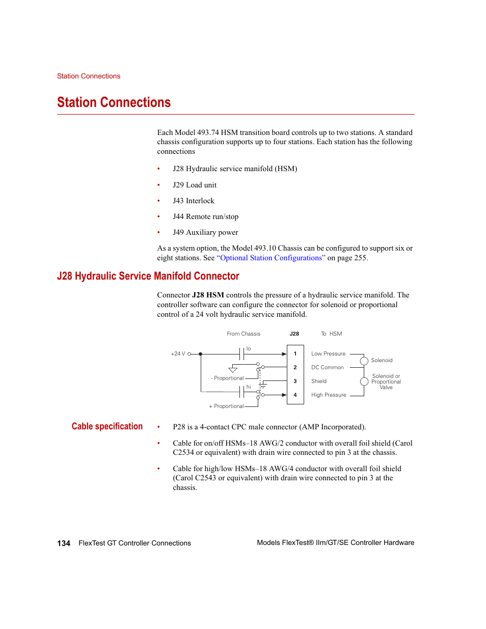 Station connections, J28 hydraulic service manifold connector, Station connections 134 | J28 hydraulic service manifold connector 134, Cable specification | MTS Model FlexTest SE User Manual | Page 134 / 264