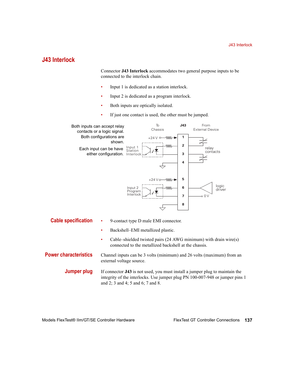 J43 interlock, J43 interlock 137, Cable specification | Power characteristics, Jumper plug | MTS Model FlexTest SE User Manual | Page 137 / 264