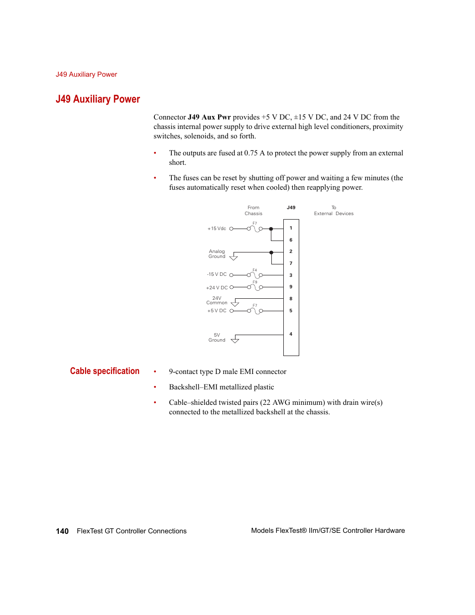 J49 auxiliary power, J49 auxiliary power 140, Cable specification | MTS Model FlexTest SE User Manual | Page 140 / 264