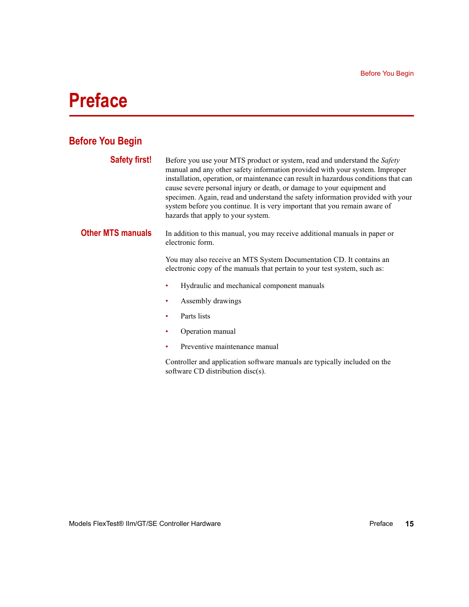 Preface, Before you begin, Preface 15 | Before you begin 15 | MTS Model FlexTest SE User Manual | Page 15 / 264