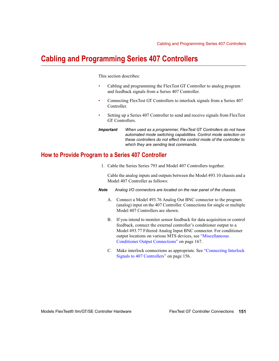 Cabling and programming series 407 controllers, How to provide program to a series 407 controller, Cabling and programming series 407 controllers 151 | MTS Model FlexTest SE User Manual | Page 151 / 264