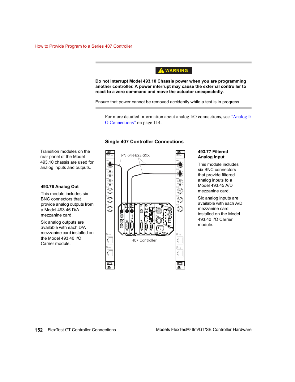 Single 407 controller connections, Warning, 407 controller | MTS Model FlexTest SE User Manual | Page 152 / 264