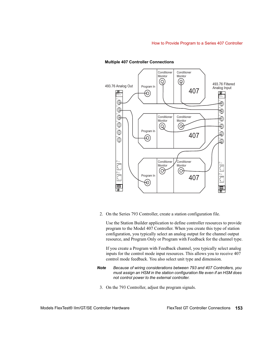 On the 793 controller, adjust the program signals, Multiple 407 controller connections | MTS Model FlexTest SE User Manual | Page 153 / 264