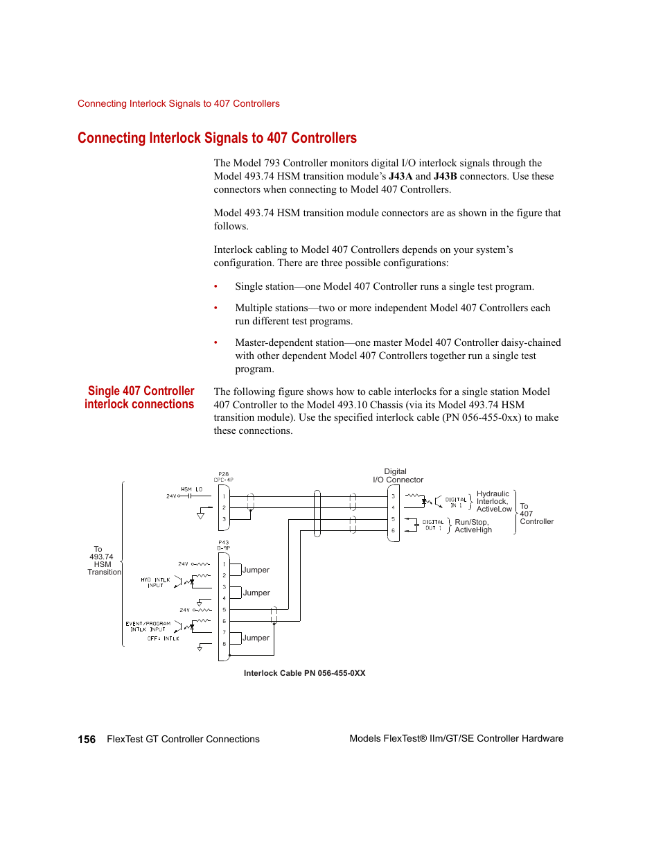 Connecting interlock signals to 407 controllers, Connecting interlock, Signals to 407 controllers | Single 407 controller interlock connections | MTS Model FlexTest SE User Manual | Page 156 / 264