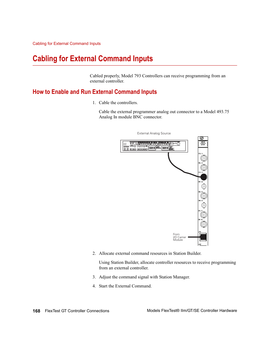 Cabling for external command inputs, How to enable and run external command inputs, Cabling for external command inputs 168 | How to enable and run external command inputs 168 | MTS Model FlexTest SE User Manual | Page 168 / 264