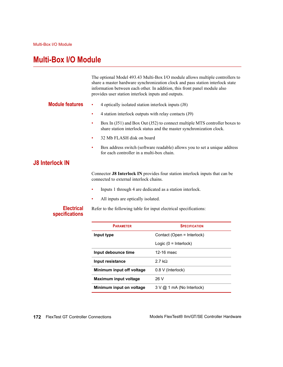 Multi-box i/o module, J8 interlock in, Multi-box i/o module 172 | J8 interlock in 172 | MTS Model FlexTest SE User Manual | Page 172 / 264