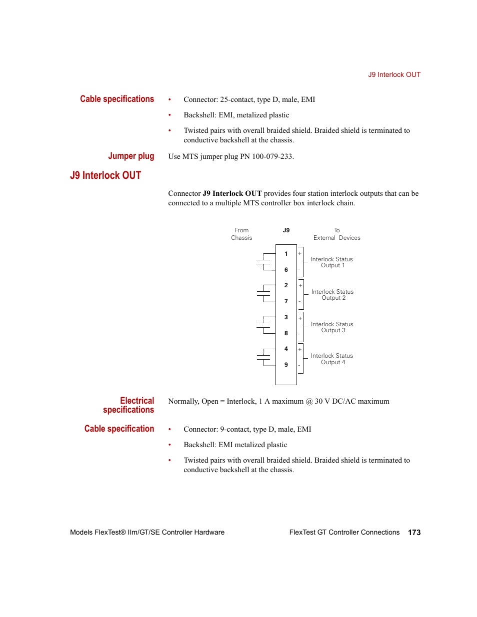 J9 interlock out, J9 interlock out 173, Cable specifications | Jumper plug, Electrical specifications, Cable specification | MTS Model FlexTest SE User Manual | Page 173 / 264