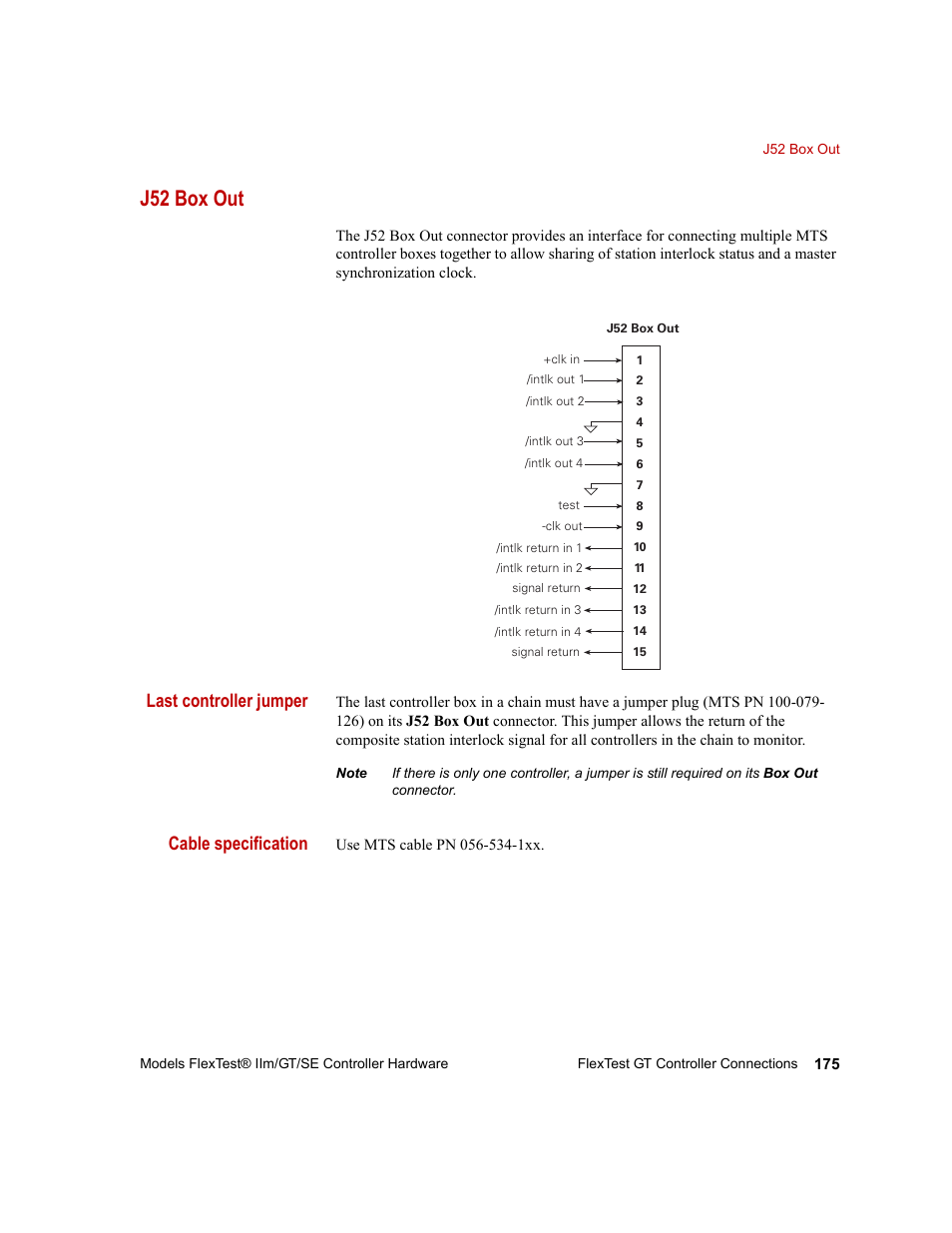 J52 box out, J52 box out 175, Last controller jumper | Cable specification | MTS Model FlexTest SE User Manual | Page 175 / 264