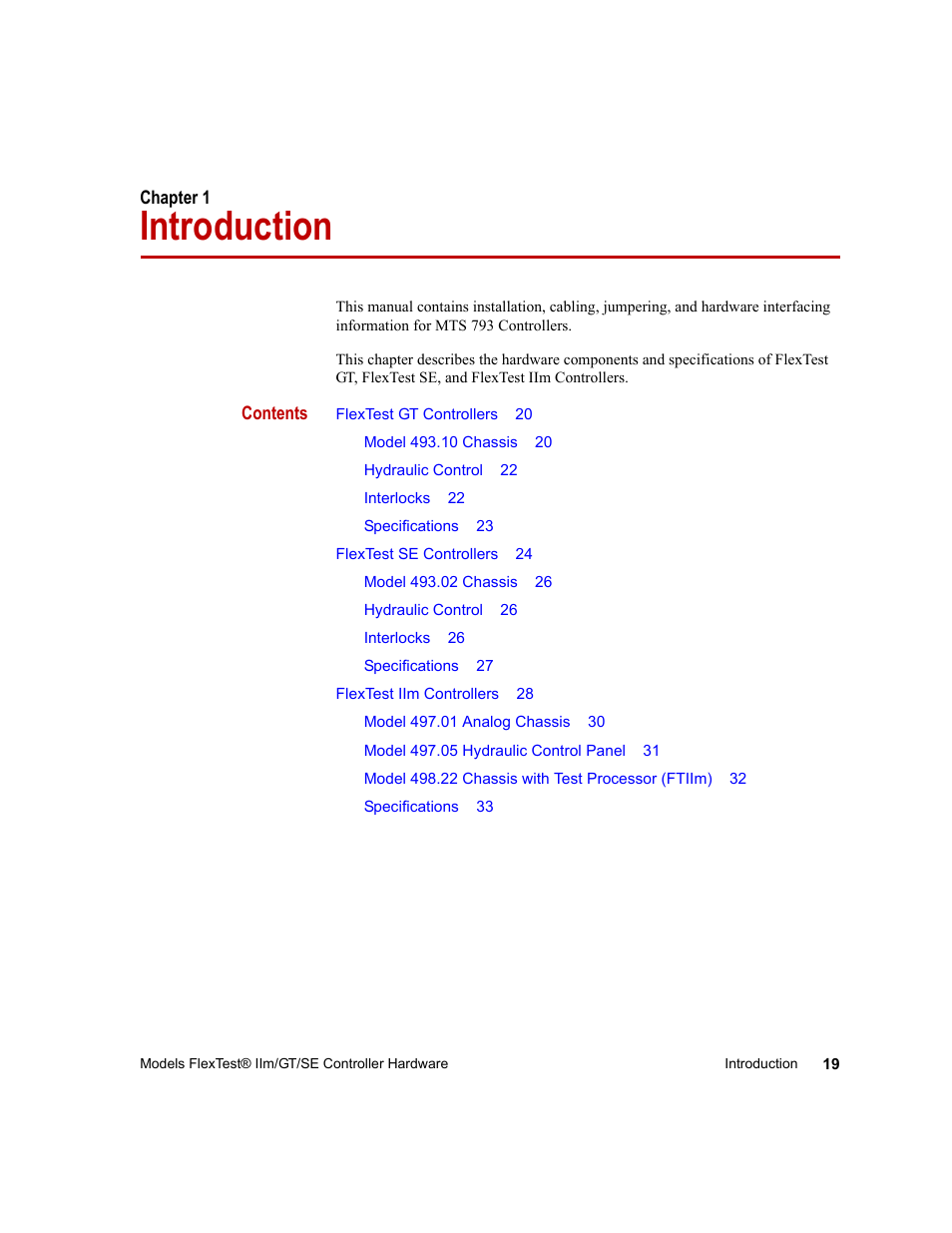 Introduction, Chapter 1, Introduction 19 | MTS Model FlexTest SE User Manual | Page 19 / 264