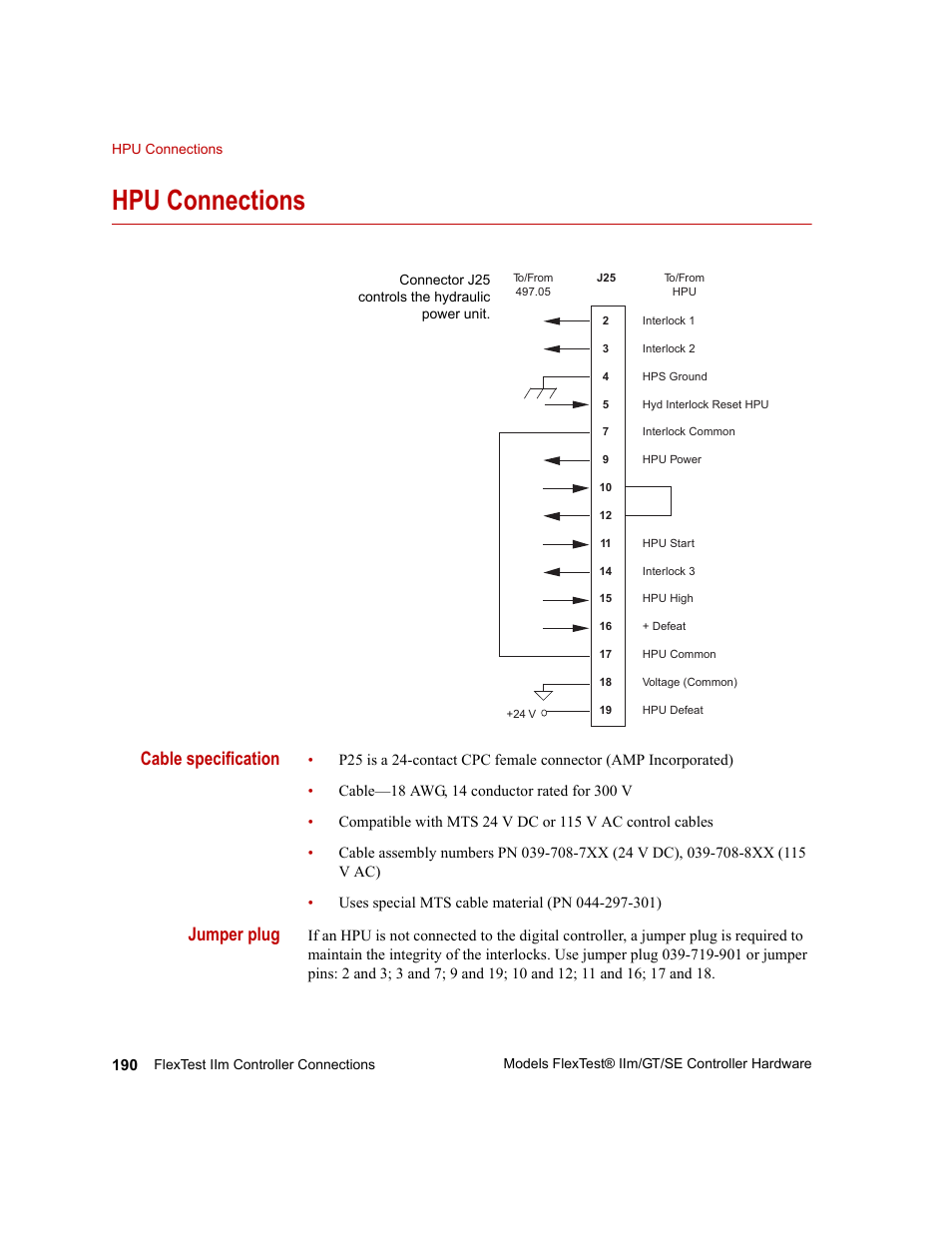 Hpu connections, Hpu connections 190, Cable specification | Jumper plug | MTS Model FlexTest SE User Manual | Page 190 / 264