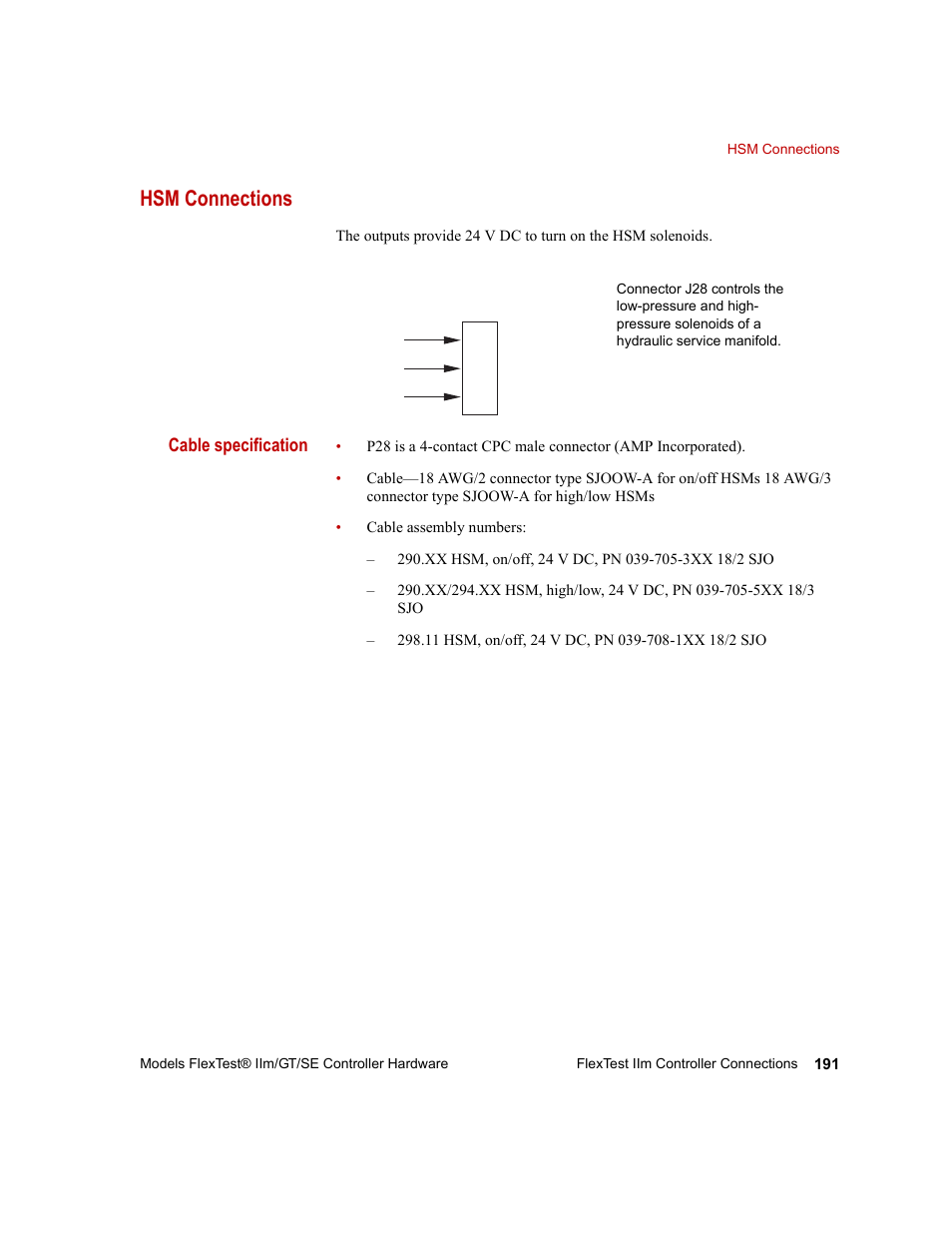 Hsm connections, Hsm connections 191, Cable specification | MTS Model FlexTest SE User Manual | Page 191 / 264