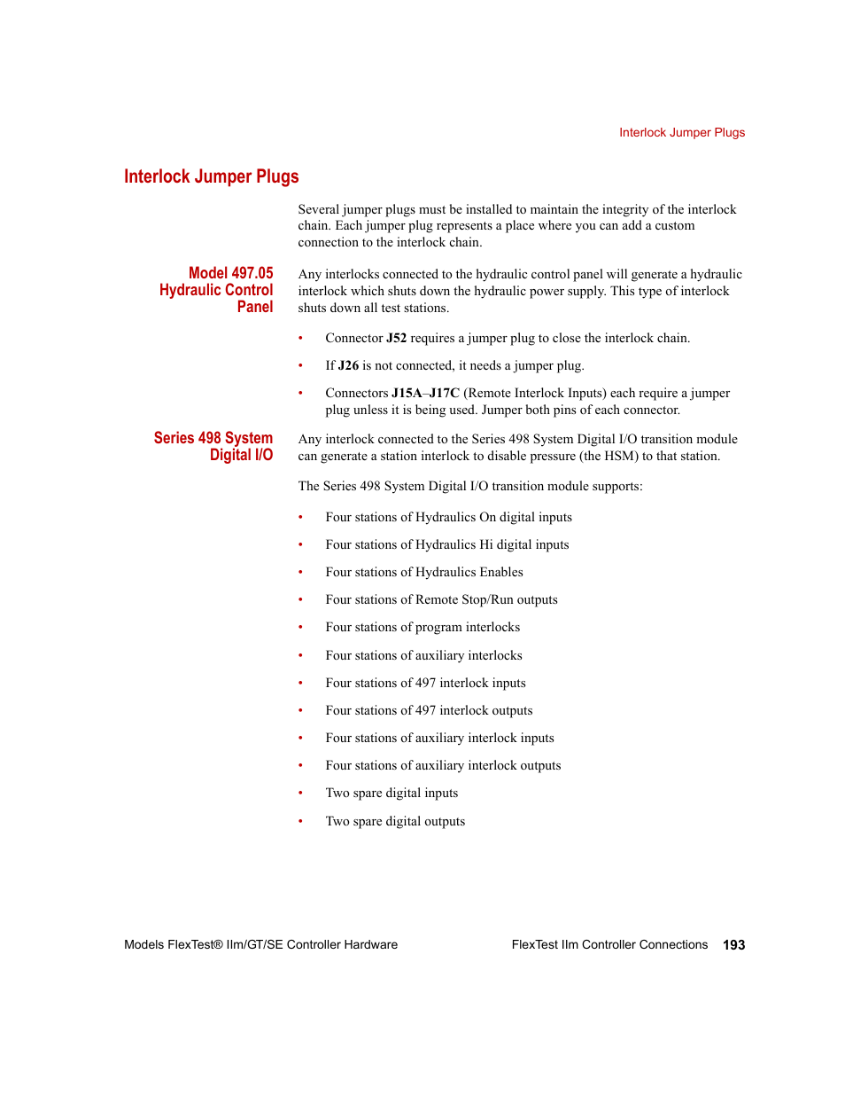 Interlock jumper plugs, Interlock jumper plugs 193 | MTS Model FlexTest SE User Manual | Page 193 / 264