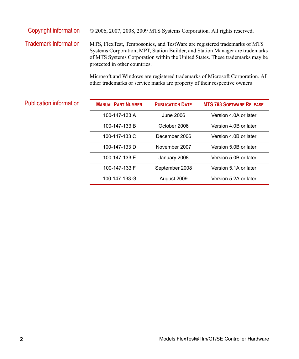 Copyright information, Trademark information, Publication information | MTS Model FlexTest SE User Manual | Page 2 / 264