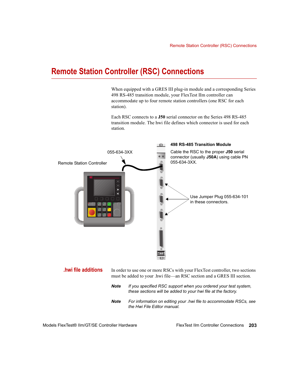Remote station controller (rsc) connections, Remote station controller (rsc) connections 203, Hwi file additions | MTS Model FlexTest SE User Manual | Page 203 / 264