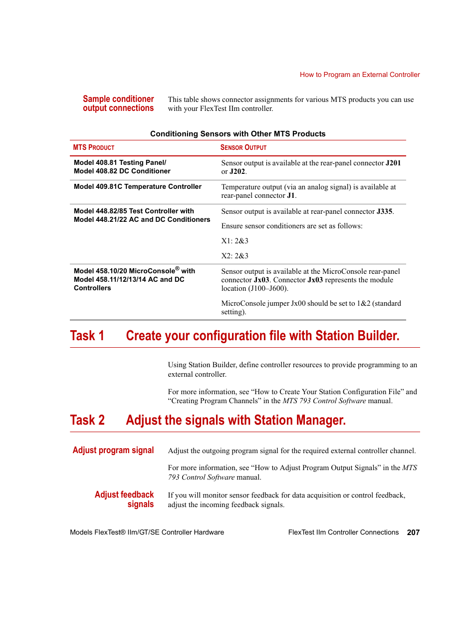 Adjust the signals with station manager, Vices, see, Sample | Conditioner output connections, Task 2 adjust the signals with station manager | MTS Model FlexTest SE User Manual | Page 207 / 264