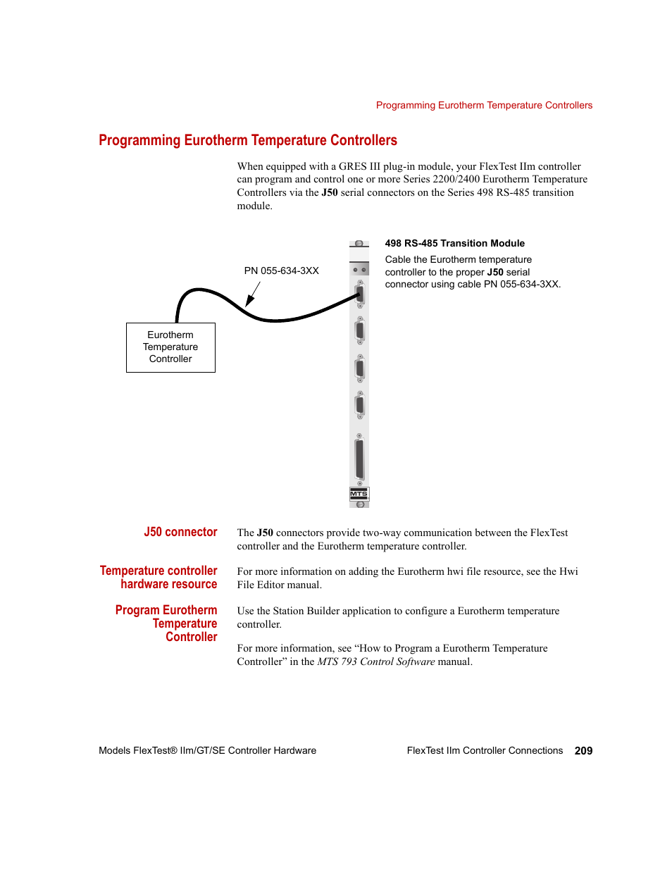 Programming eurotherm temperature controllers, Programming eurotherm temperature controllers 209, Programming eurotherm temperature | Controllers, J50 connector, Temperature controller hardware resource, Program eurotherm temperature controller | MTS Model FlexTest SE User Manual | Page 209 / 264