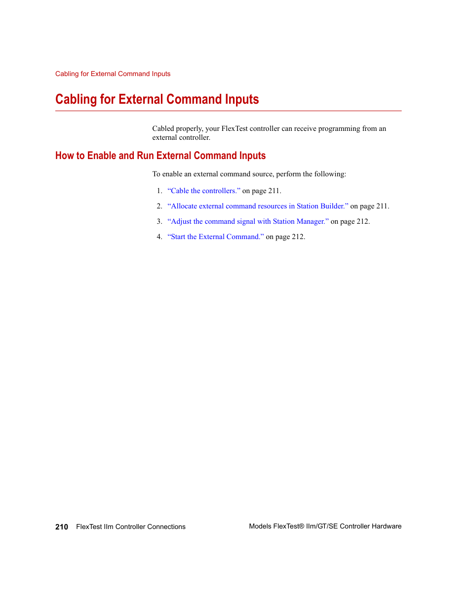 Cabling for external command inputs, How to enable and run external command inputs, Cabling for external command inputs 210 | How to enable and run external command inputs 210 | MTS Model FlexTest SE User Manual | Page 210 / 264