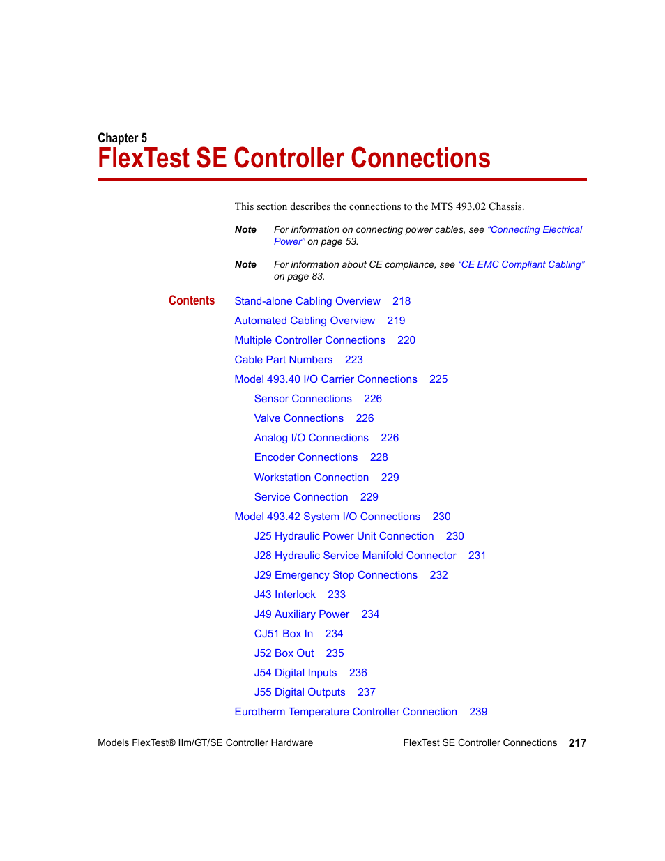 Flextest se controller connections, Chapter 5, Flextest se controller connections 217 | MTS Model FlexTest SE User Manual | Page 217 / 264