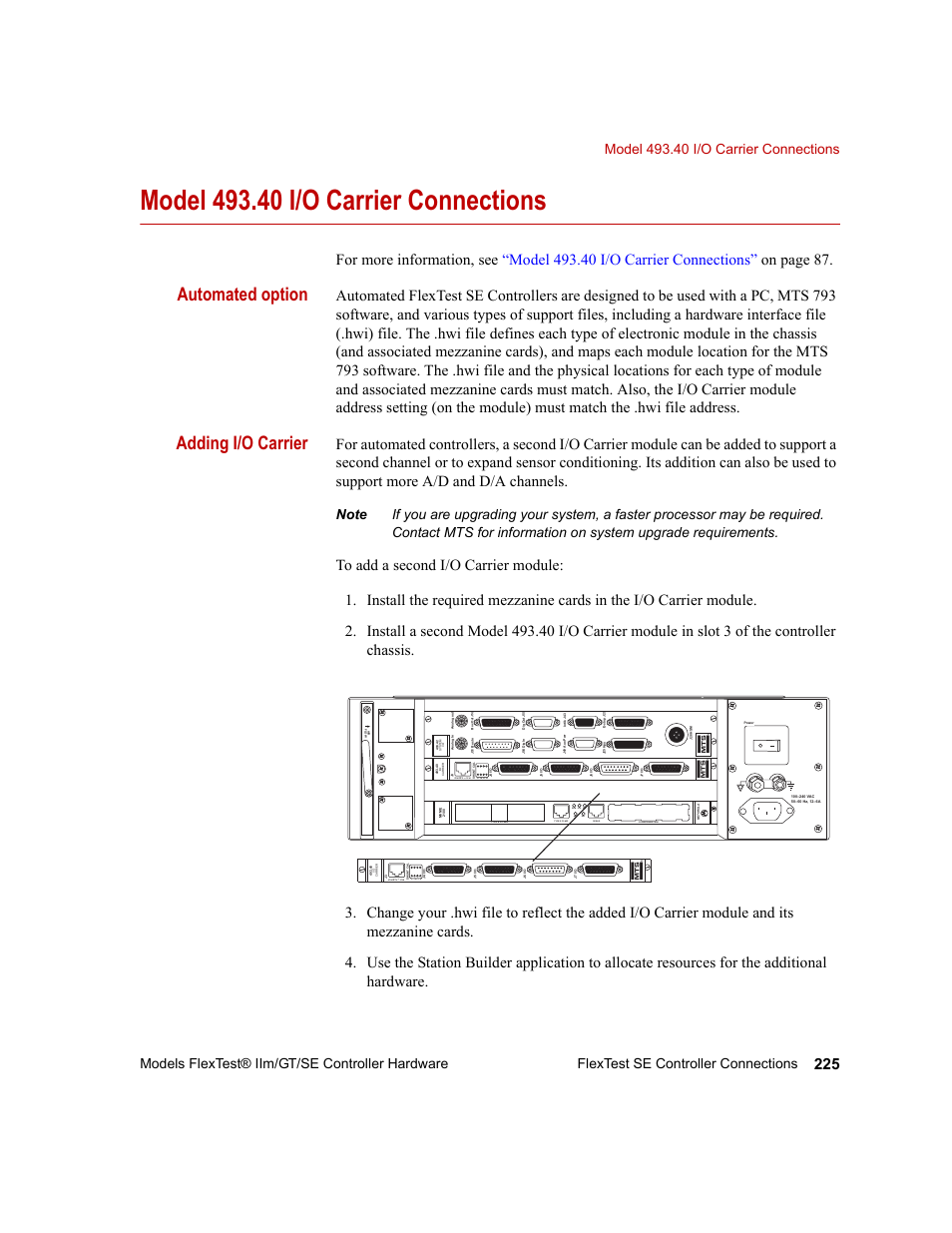 Model 493.40 i/o carrier connections, Model 493.40 i/o carrier connections 225, Automated option | Adding i/o carrier | MTS Model FlexTest SE User Manual | Page 225 / 264